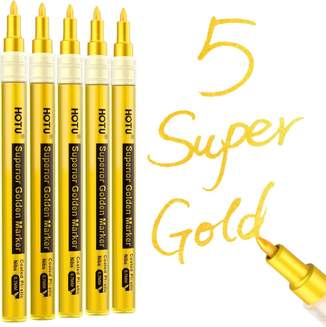 HOTU 5 Pack Super Gold Paint Markers - Metallic Gold Acrylic Paint Pens Glitter Extra Fine Tip 0.7mm for Black Paper,Wood, Rock Painting, Glass, Fabric