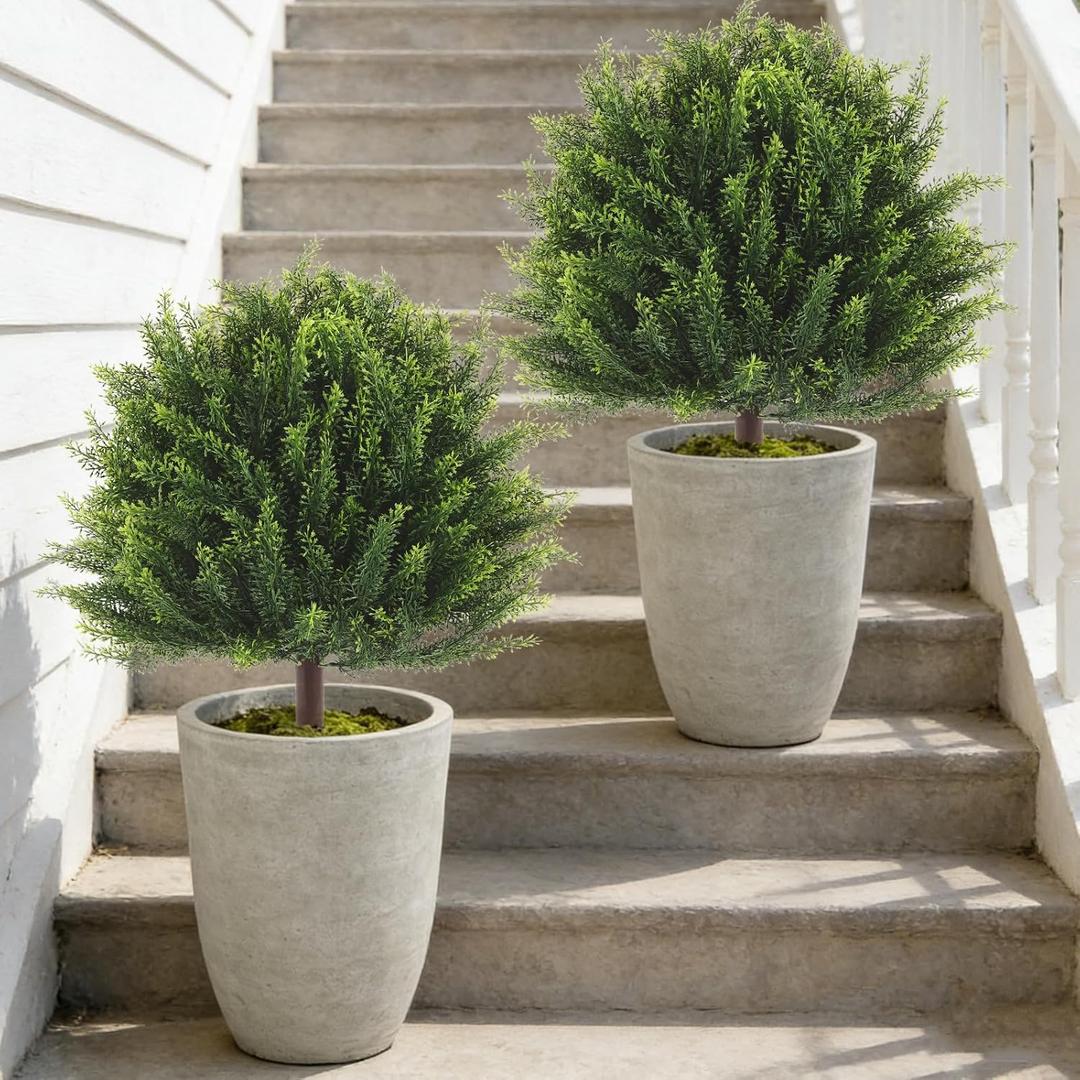 24.2" Outdoor Artificial Plants Topiary Trees - UV Resistant Faux Greenery Fake Shrubs Bushes for Front Porch Home Garden Patio Decor with Ground Spike