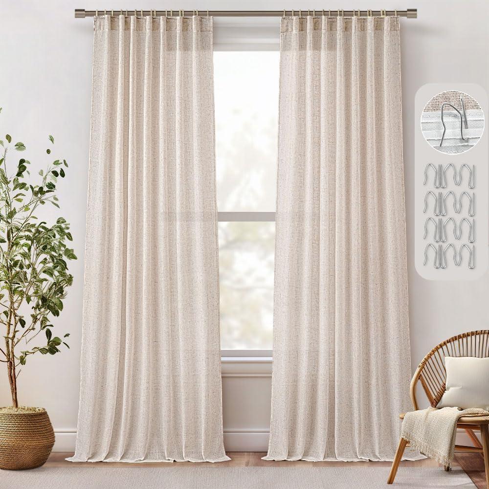 MIULEE 96 Inches Long Natural Linen Curtains 2 Panels, Pinch Pleated Hooks Thick Linen Textured Window Drapes for Bedroom Living Room Back Tab Semi Sheer Light Filtering Neutral Farmhouse Cream Ivory (Birch)