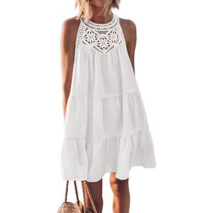 BTFBM Women Summer Dresses 2025 Casual Spring Clothes Sleeveless Halter Neck A-Line Tiered Mini Dress Beach Sundress (White) S