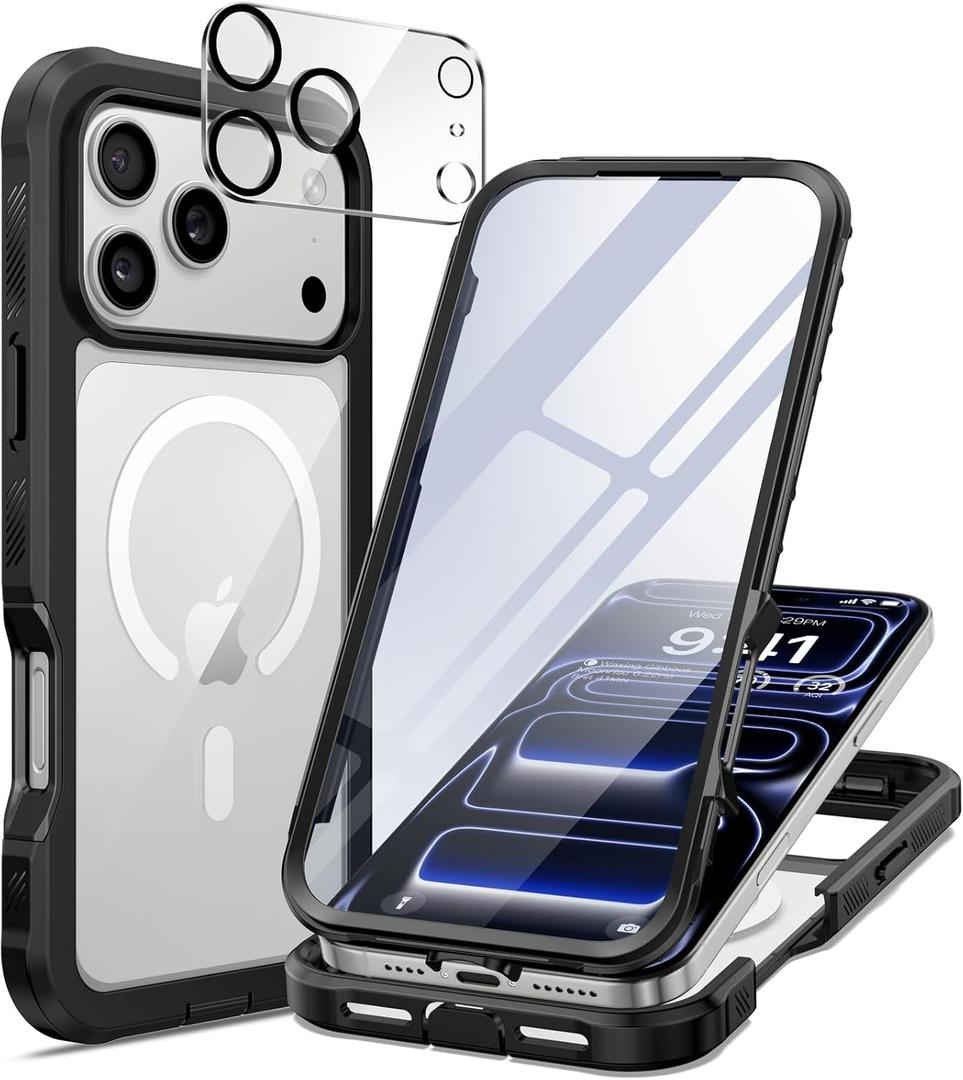 seacosmo for iPhone 17 Pro Max Case, Full Body Bumper with Built-in 9H Tempered Glass Screen and Camera Lens Protector, Compatible with MagSafe, Shockproof 17 Pro Max Phone Case, 6.9", Black