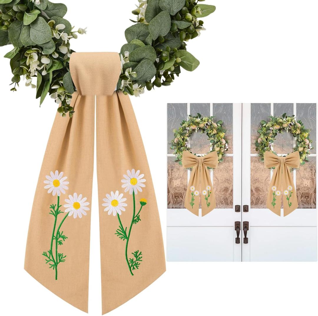 2 Pack Daisy Floral Wreath Sash for Front Door Embroidery Spring Flower Ribbon Sash for Spring Easter Day Yard Porch Decor (Burlap)