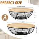 2 Set Stackable Fruit Basket with Bamboo Lid 11.5 &10.5 Inch Black Metal Wire Large Fruit Bowl for Kitchen Counter Pantry Organizer and Storage for Veggie, Snacks