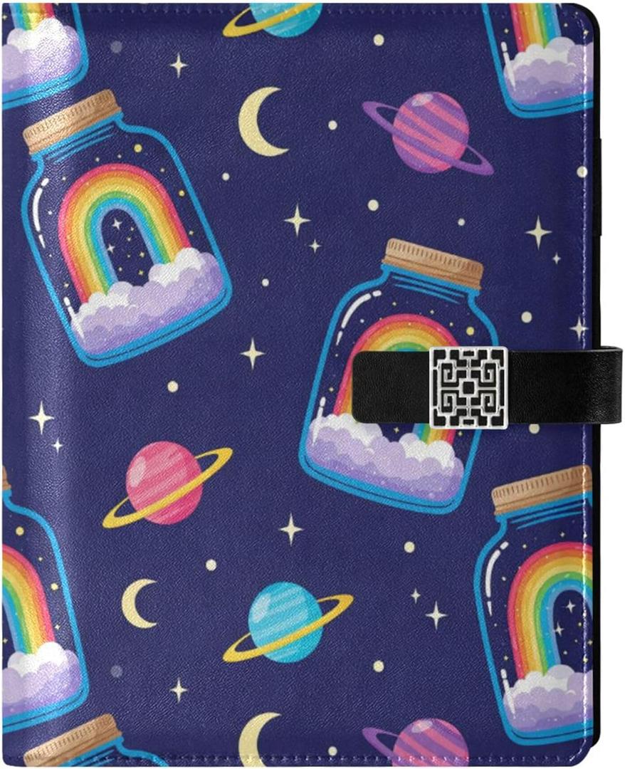 PU Leather Journal Notebook 6-Ring Refillable Journal Rainbow Jar Space Planets Stars Magnetic Closure Budget Planner A5 Binder Portfolio for Travel Office Meeting (9.2x6.7inch)