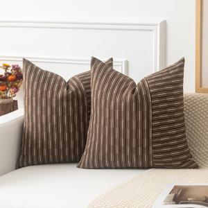 Kevin Textile Brown and Beige Patchwork Farmhouse Pillow Covers 24x24 Inch, Pack of 2 Striped Linen Decorative Modern Accent Pillow Cases for Sofa Couch Bedroom