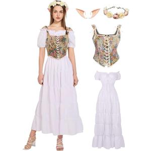 kasahara White Renaissance Dress Costume Women with Floral Overbust Corset Top Medieval Ren Faire Costume M