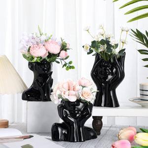 Sieral 3 Pcs Ceramic Face Vase Female Form Flower Modern Body Vase for Decor with Head Half Body Bust Centerpiece for Table Shelf Home Bedroom Room Office(Small,Black)