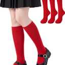 3 Pairs Kids Girls Knee High Socks Cotton Uniform School Dress Socks Seamless Toe (Red)