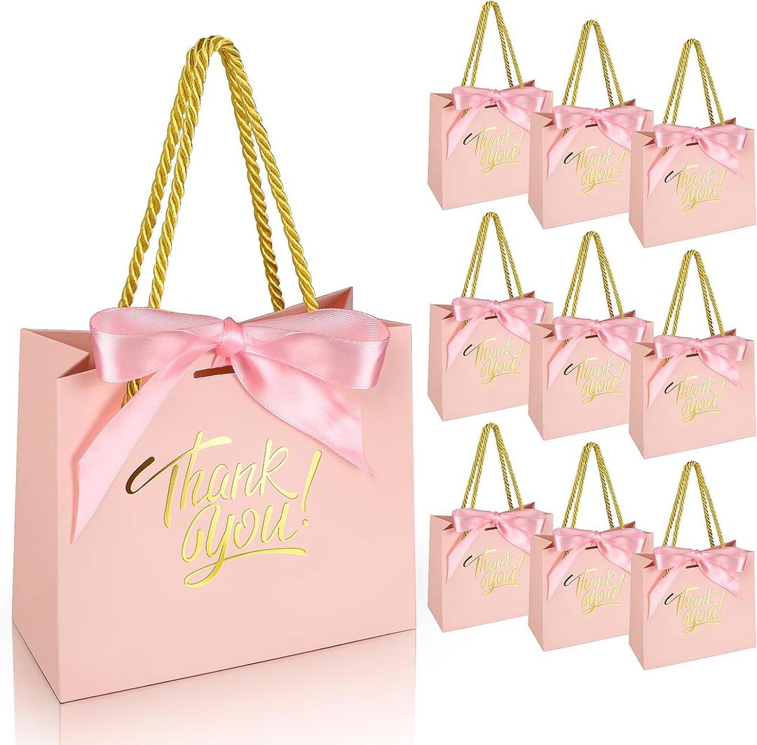 EQOREIIN 30 Pack Small Thank You Gift Bags with Handles 5.5 x 2.4 x 4.7 Inches Mini Pink Gift Bags with Bow Ribbon Tiny Party Favor Bag Bulk for Easter Mother's Day Baby Shower Wedding (Pink)