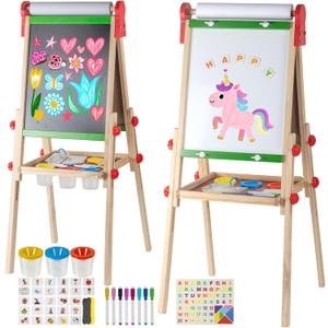 Kids Art Easel with Paper Roll for Toddlers, Adjustable Double Sided Magnetic Drawing Board Dry Erase Whiteboard & ChalkboardEasel for Toddlers 2-4 Years Painting Wooden Easel Kids 4-8