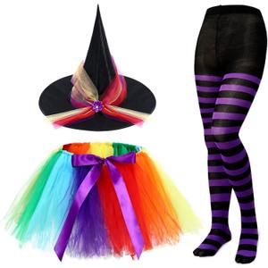 SATINIOR Halloween Witch Costume for Women 2025 Halloween Witch Hat Tutu Skirt and Striped Tights for Cosplay Party(Purple Black with Rainbow)