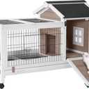 Aivituvin Rabbit Hutch Indoor Bunny Cage Outdoor Bunny House with Wire Floor Leakproof Plastic Tray, Brown (40.7"L x 22.8"W x 26.8"H)