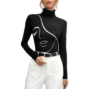 MakeMeChic Women's Graphic Print Tee Shirts High Neck Long Sleeve Slim Fit Shirt Tops (Medium, Black)
