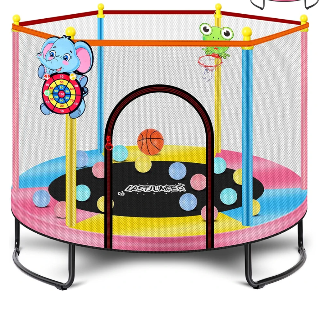 Pink Indoor Trampoline for Kids 2-5, 5ft Mini Indoor & Outdoor Small Toddler Trampoline with Net and Basketball Hoop