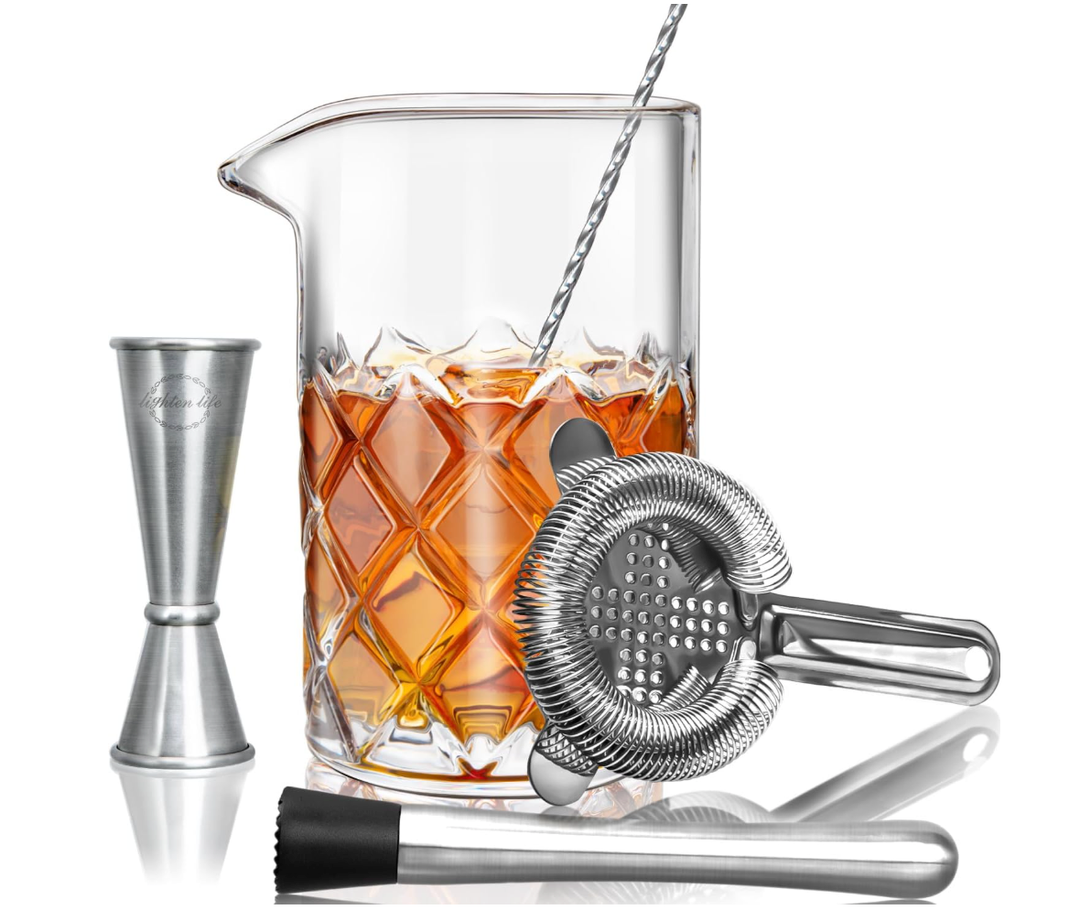 LIGHTEN LIFE Cocktail Mixing Glass Set,Bar Mixing Set with 20oz Crystal Thick Bottom Glass,Spoon, Jigger,Strainer and Muddle,5 Pieces Cocktail Mixing Glass Kits Perfect for Amateurs and Bartenders