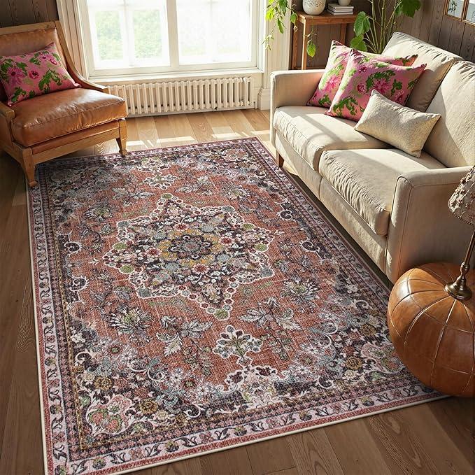 Lahome Oriental Washable Rug for Living Room, Ultra-Thin Soft 8 x 10 Rug Non-Slip Green Boho Rug for Bedroom, Non-Shedding Vintage Area Rug for Dining Room Office (Brow/Multi, 8'x10')
