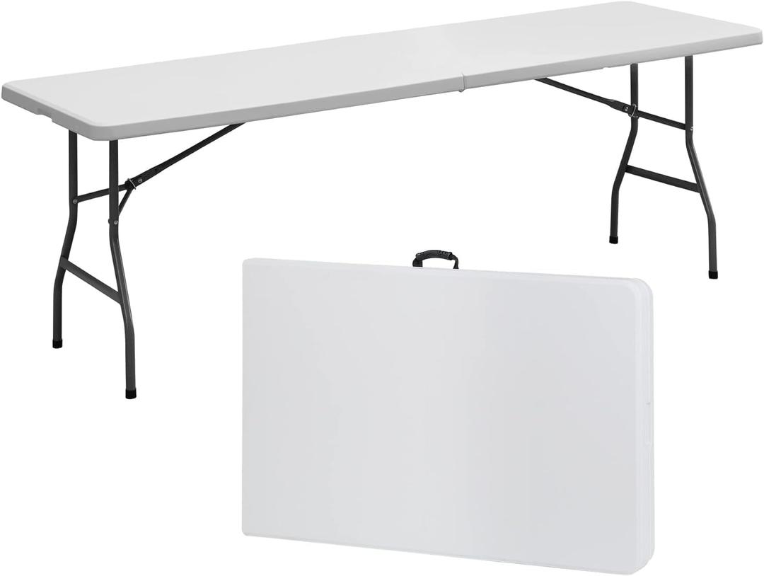 SIMPLI-MAGIC 8ft Portable Plastic Folding Table  Indoor & Outdoor Heavy-Duty Foldable Utility Table w/Handle for Party & Camping (White)