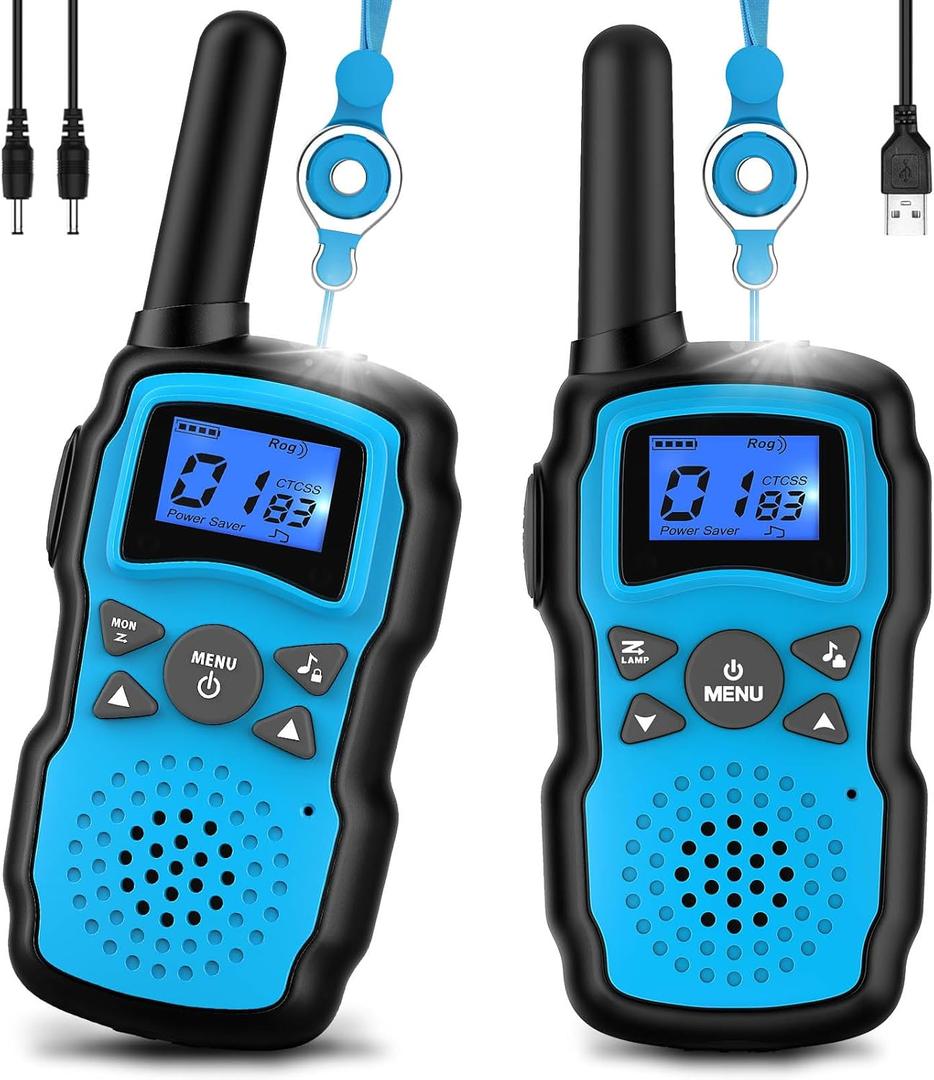 Wishouse Walkie Talkies for Kids Rechargeable with USB Charger 6000mAh Battery,Outdoor Camping Games with Flashlight Lanyard,Toys for Girls,Halloween Xmas Birthday Gift for Children 2 Pack Blue
