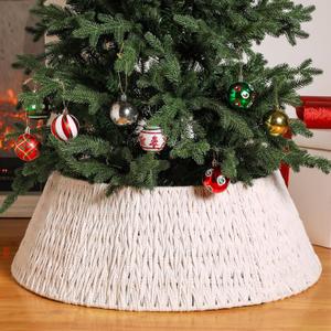 Preboun 28" Boho Christmas Tree Collar Farmhouse White Woven Christmas Tree Skirts Bottom Diameter Base Cover Rustic Xmas Collar for Xmas Decoration