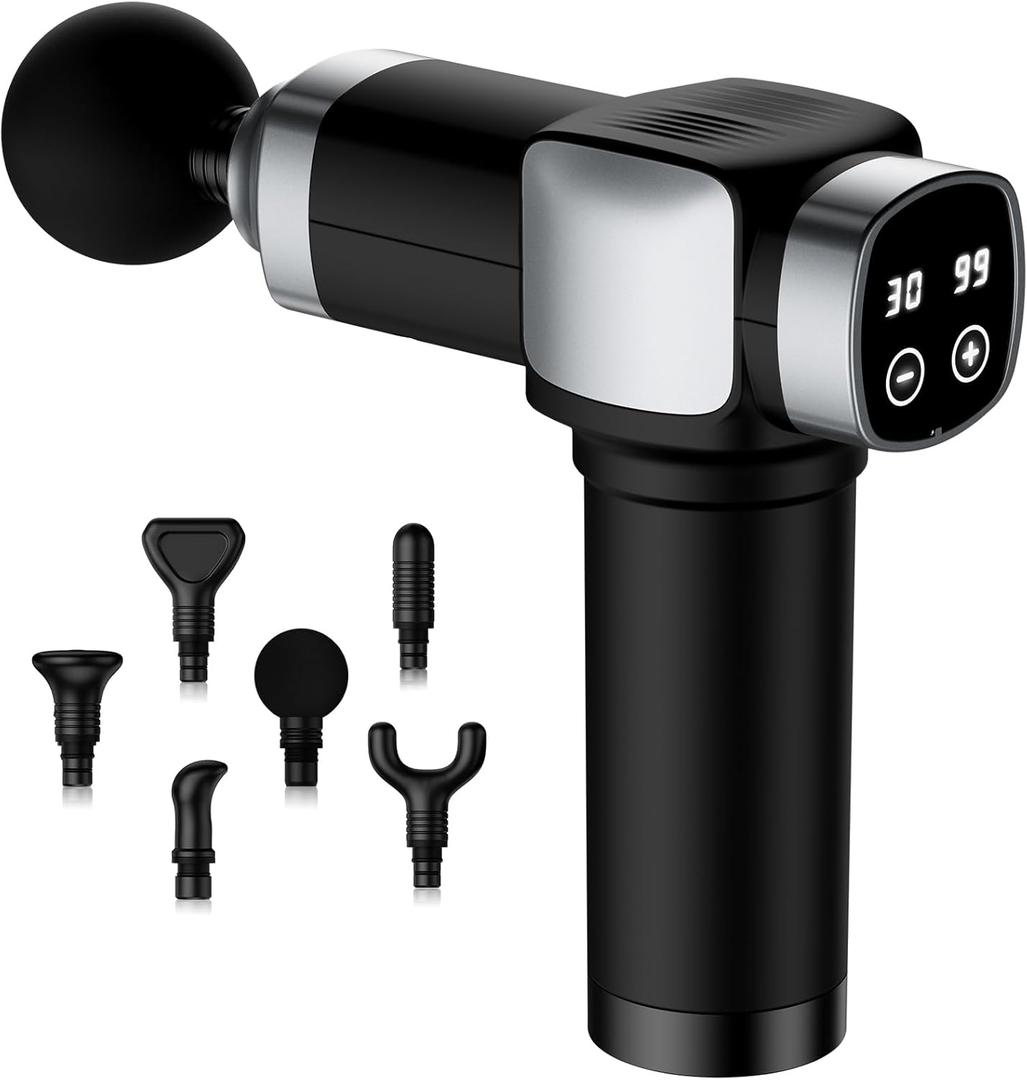 Deep Tissue Massage Gun, Portable Percussion Muscle Massager with 30 Speeds & 6 Attachments, Handheld Electric Back & Neck Massager for Pain Relief