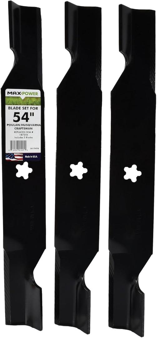 MaxPower 561747B 3 Blade Set for Many 54 in. Cut Craftsman, Husqvarna, Poulan Mowers Replaces OEM #'s 187256 and 532187256