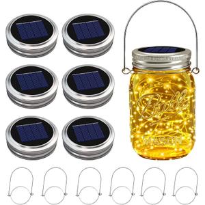 6 Pack Solar Mason Jar Lights for Outside, 30 LED Solar Mason Jar Lids Fairy Lights with 6 Hangers(No Jars) Outdoor Waterproof for DIY Patio Garden Yard Lawn Party Wedding Decoration Warm White