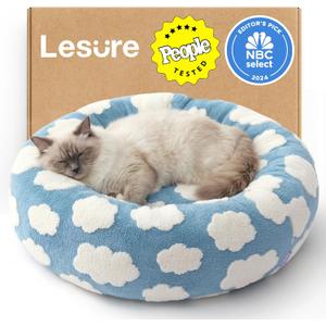 Lesure Shown on TV Donut Cat Beds for Indoor Cats - Small Round Dog Bed for Calming Pets as Gift with Washable Cover, Cute Modern Puppy Bed with Jacquard Shaggy Plush & Anti Slip Bottom, 20 Inch, Blue (Cozy Clouds Blue)