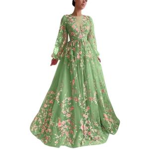 Jamille Floral Evening Gowns Prom Dresses for Women 2025 Long Tulle Tea Length Formal Evening Gown A Line Ball Gowns with Pocket Puffy Sleeve Lace Tulle A Line Fairy Dress B Sage Green 8 JA0011, 8