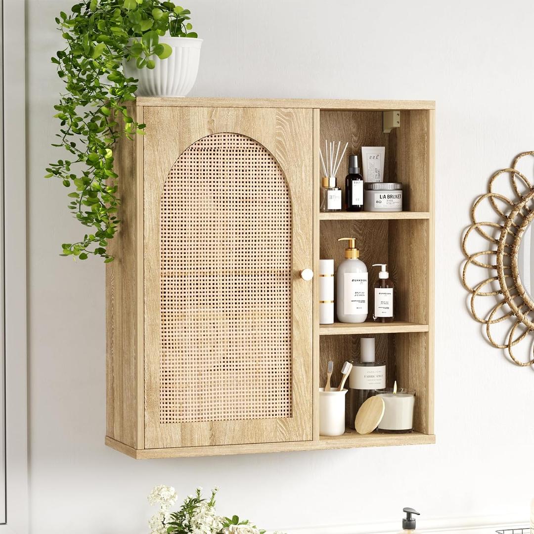Rattan Bathroom Wall Cabinet with Door, Boho Medicine Wall Cabinets with Adjustable Shelves, Tall Kitchen Wall Mounted Storage Cabinet, Floating Hanging Cabinet Space Saver for Laundry Room, Natural