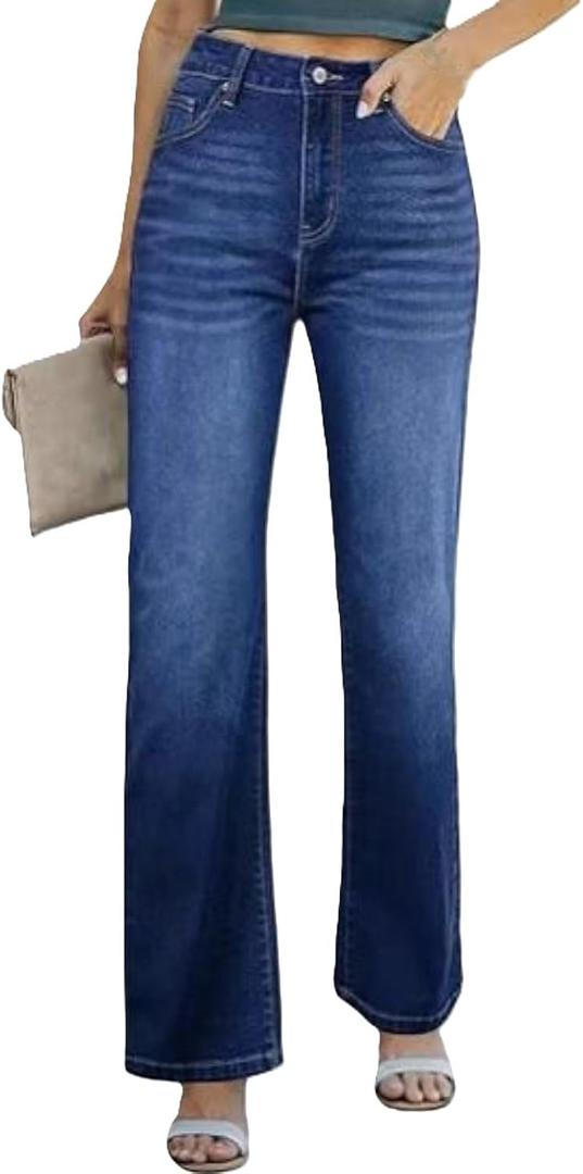 Womens Wide Leg Jeans High Waisted Straight Leg Stretchy Baggy Trendy Casual Denim Pants with Pockets (L)