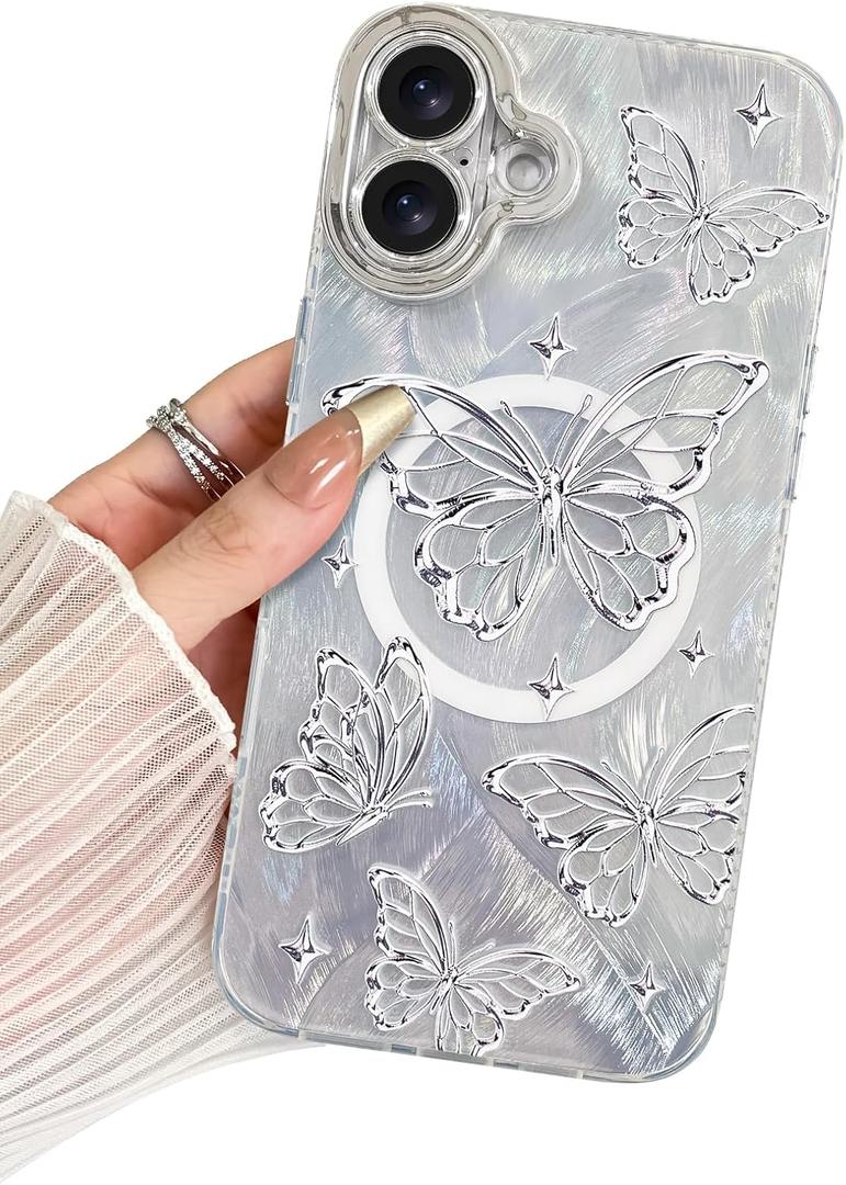 BITOBE Designed for iPhone 16 Case Silver Butterfly Design, Slim Shiny Glitter Shockproof Bumper Compatible with Magsafe Charging with Camera Protection for Women Girls Men 6.1"-Silver