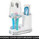 mDesign Plastic Toothpaste and Toothbrush Holder Center with Cup/Cover - Organizer for Bathroom Vanity Countertop - Holds Paste, Floss, Accessories - Hyde Collection - White/Chrome