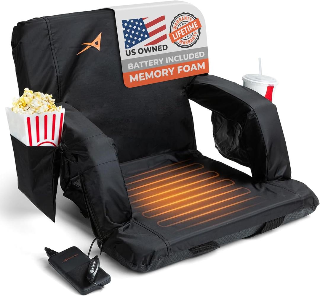 Heated Stadium Seats for Bleachers with Back Support USB Battery Included - Upgraded 3 Levels of Heat - Foldable Chair - Cushioned, 4 Pockets for Snacks, Cup Holder - for Camping, Games & Sports