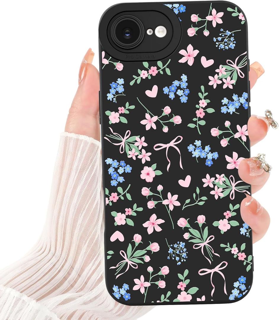 Case for iPhone 16 E,Cute Flower Pink Bow Heart for Women Girls,Soft Shockproof Aesthetic Protective TPU Bumper Floral Phone Case,Black