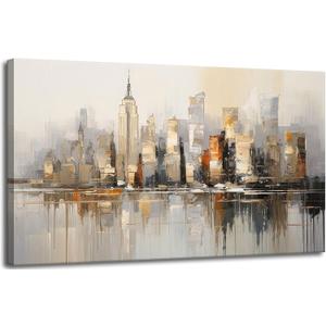 Large Abstract Living Room Canvas Wall Art New York Landscape Reflection painting Decor Pictures Modern Brown Grey City Theme Big Neutral Posters Prints for Bathroom Bedroom Office Home Decoration (40"L x 20"W)