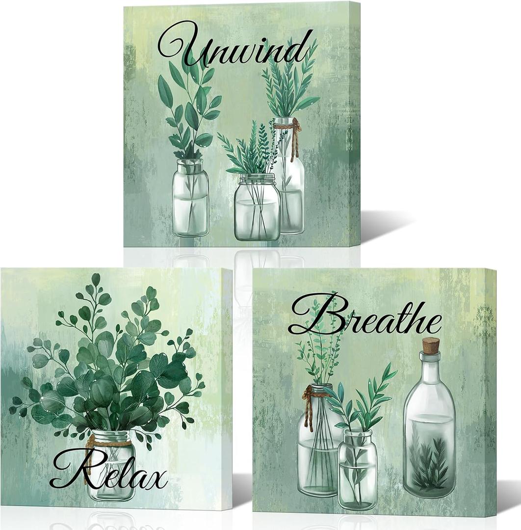 NutArtPic Green Botanical Wall Art Eucalyptus Leaf Picture Botanical Plants Paintings for Bathroom Living Room Bedroom Office Relaxation Theme, Set of 3, 12 x 12 inches