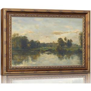 Vintage Gold Framed Landscape Wall Art Vintage River Painting Canvas Prints Landscape Wall Decor Countryside Painting Style Poster Print Artwork for Living Room Bedroom Home Decoration