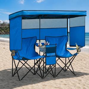 Double Beach Chair with Canopy Shade Oversized Camping Chairs with Canopy, Cooler Bag & Cup Holder Folding Loveseat for Camp Fishing Beach, Standard