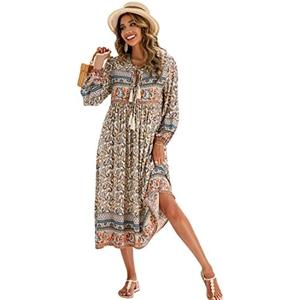 R.Vivimos Women's Long Sleeve Floral Print Retro V Neck Tassel Bohemian Midi Dresses, Size L