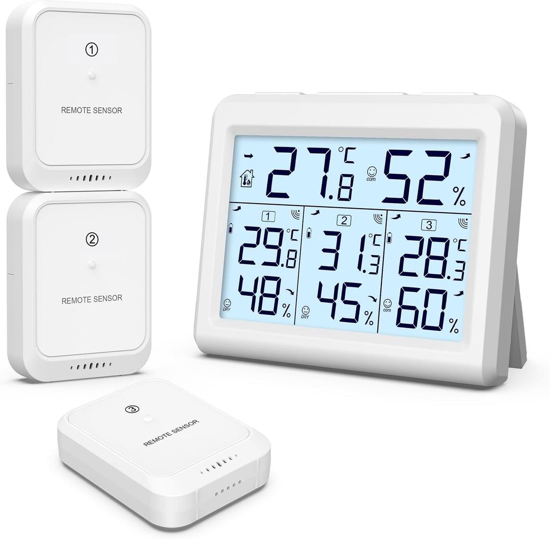 ORIA Indoor Outdoor Thermometer, Digital Hygrometer Thermometer, Wireless Temperature and Humidity Gauge Monitor with 3 Sensors, LCD Backlight for Home, Office, Bedroom, White