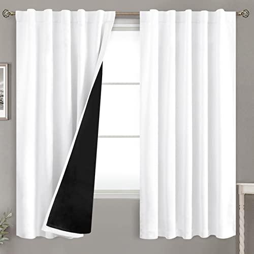 BGment Pure White 100% Blackout Curtains 63 Inches Long with Thermal Insulated Liner, Rod Pocket and Back Tab Double Layer Full Room Darkening Window Curtain for Bedroom, 2 Panels, Each 42 x 63 Inch