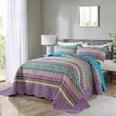 NEWLAKE Cotton Bedspread Quilt Sets - Reversible Patchwork Coverlet Set, Striped Jacquard Pattern, California King Size (Mixed Floral Colored)