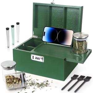 Large Green Bamboo Box with Combination Lock, Decorative Storage Box with Removable Tray & Detachable Compartment, Wooden Boxes with Alright Jars & Brushes & Storage Tubes as Great Gift Choice