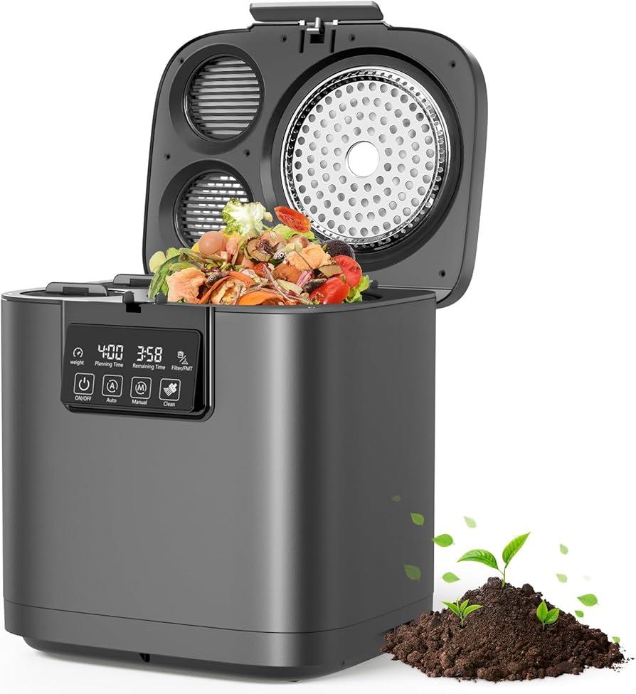 Electric Composter for Kitchen, 4L Indoor Odorless Compost Bin with 2 Carbon Filters, Auto-Cleaning, Large LED Display, Visible Window, Smart Countertop Food Waste Composting Machine