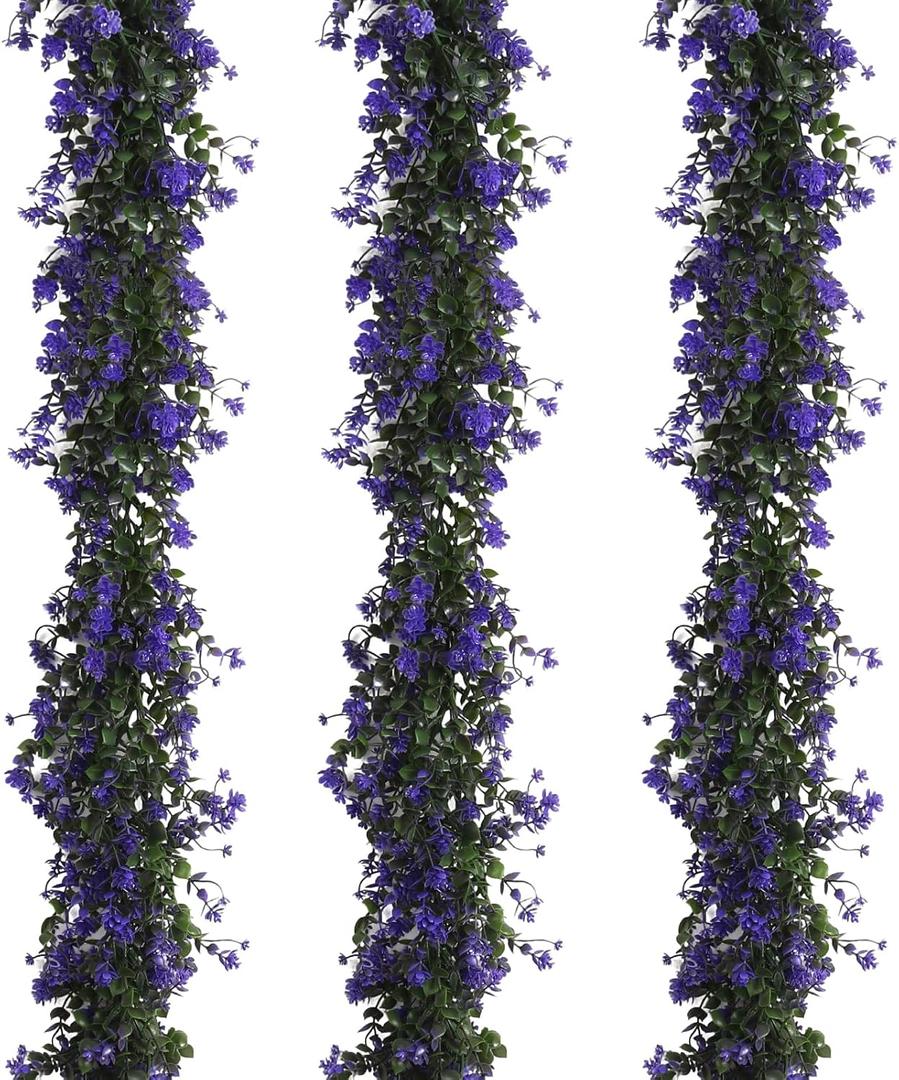 Fake Hanging Eucalyptus Garlands Artificial Vines Plants Eucalyptus Leaves with Flowers Greenery Spring Floral Garland for Home Garden Wedding Wall Arch Party Decoration(Purple)