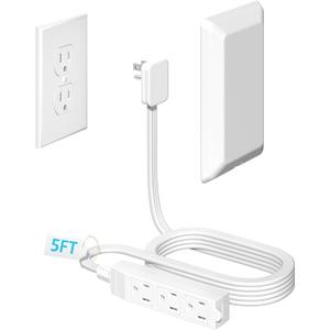 5FT Flat Extension Cord Ultra Thin Outlet Concealer with Cord Concealer Kit, Flat Outlet Extender with 3 Outlet Power Strip, Universal Size Flat Plug Power Strip for Home, ETL Listed, White