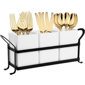 Utensil Holder Silverware Caddy for Party Countertop, 3pcs Bins Set Silverware Caddy Organizer Holders for Spoon and Fork, White and Black