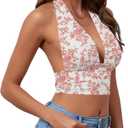 Rooscier Women's Halter Tie Back Crop Top | Deep V Neck Sleeveless Backless Cami (White, XL)