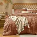 Tufted Boho King Size Comforter Set, 3 Pieces Burnt Orange Boho Bed Set, Farmhouse Shabby Chic Embroidery Bedding for All Seasons, Soft Jacquard King Bedding Set with Comforter  2 Pillow Shams