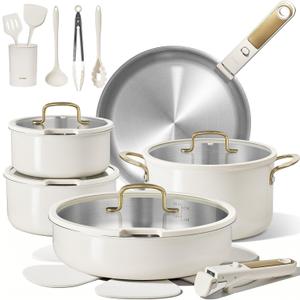 CAROTE 21pcs Tri-Ply Stainless Steel Cookware Set with Detachable Handle, 21 Piece